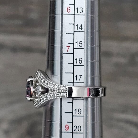 Lab Created New Round Faceted Mystic Topaz CZ Halo Silver Tone Accent Ring - Picture 7 of 8